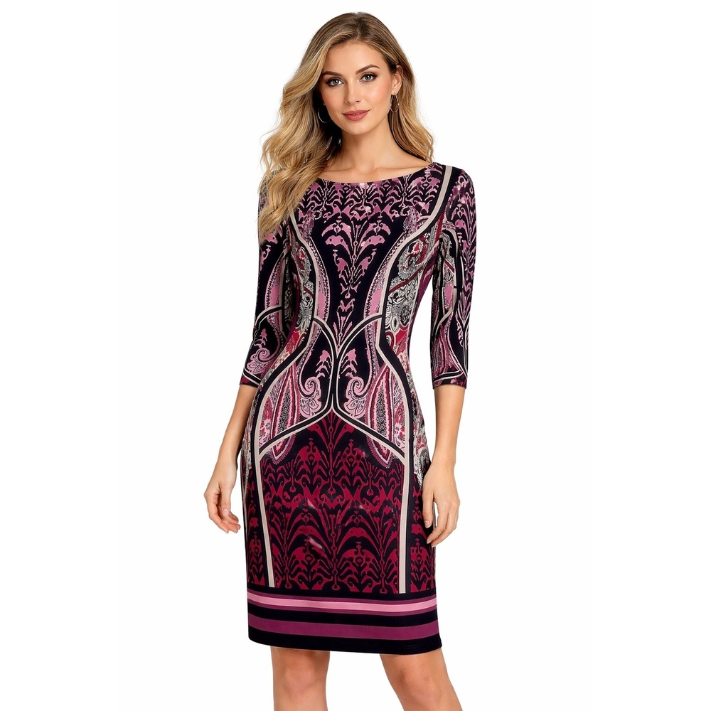 Nine West Pink Purple Paisley Damask 3/4 Sleeve Sheath Dress Size 8